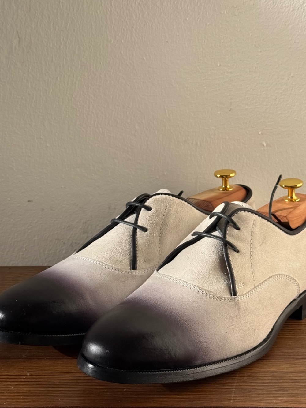 Jimmy Choo Ivory Suede Black Dip Toe Derby Shoes Mens EU 45 US 12